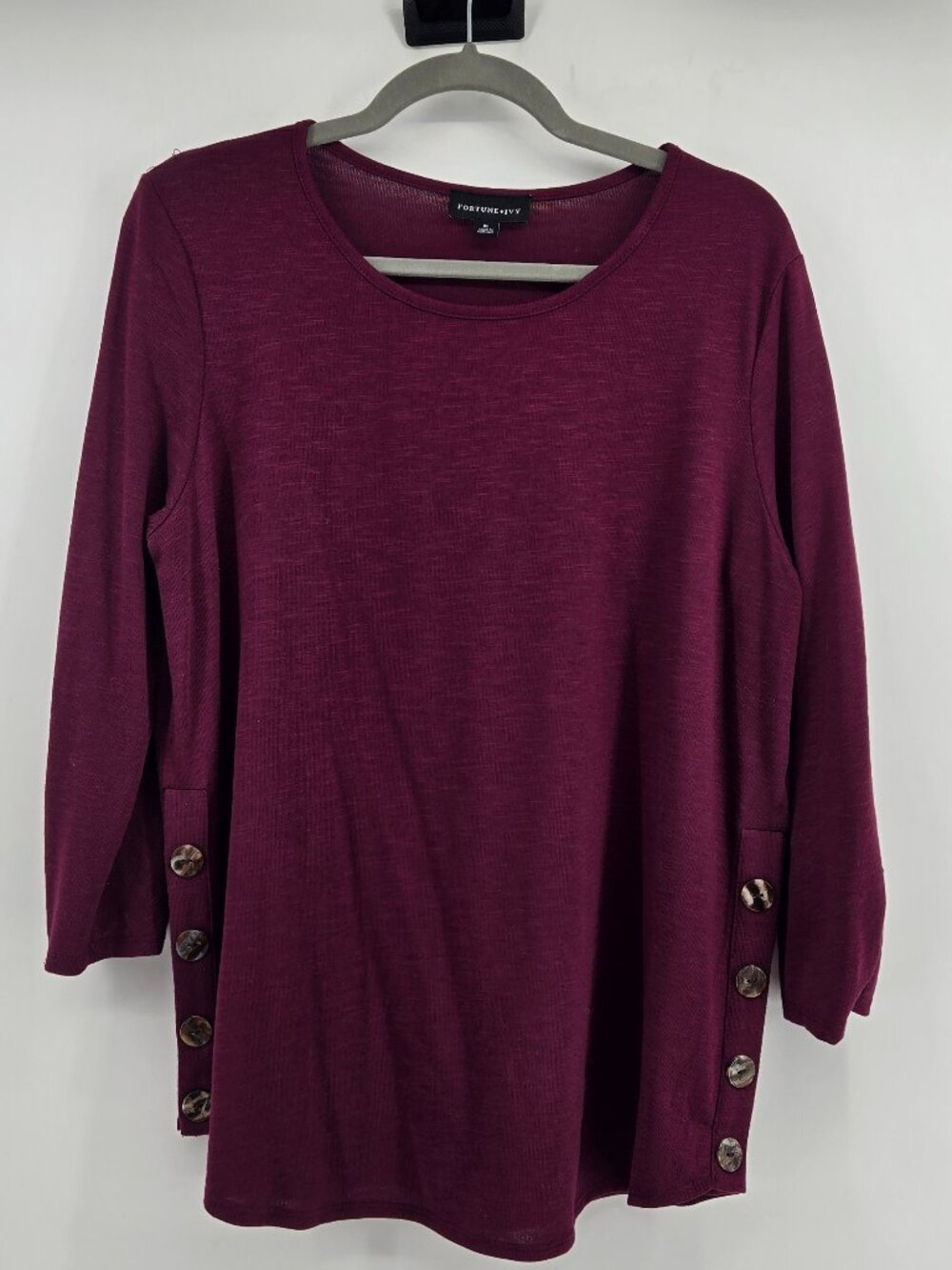 Fortune + Ivy Amiel Button-Detail Ruched-Sleeve Knit Top - XL Deep Plum